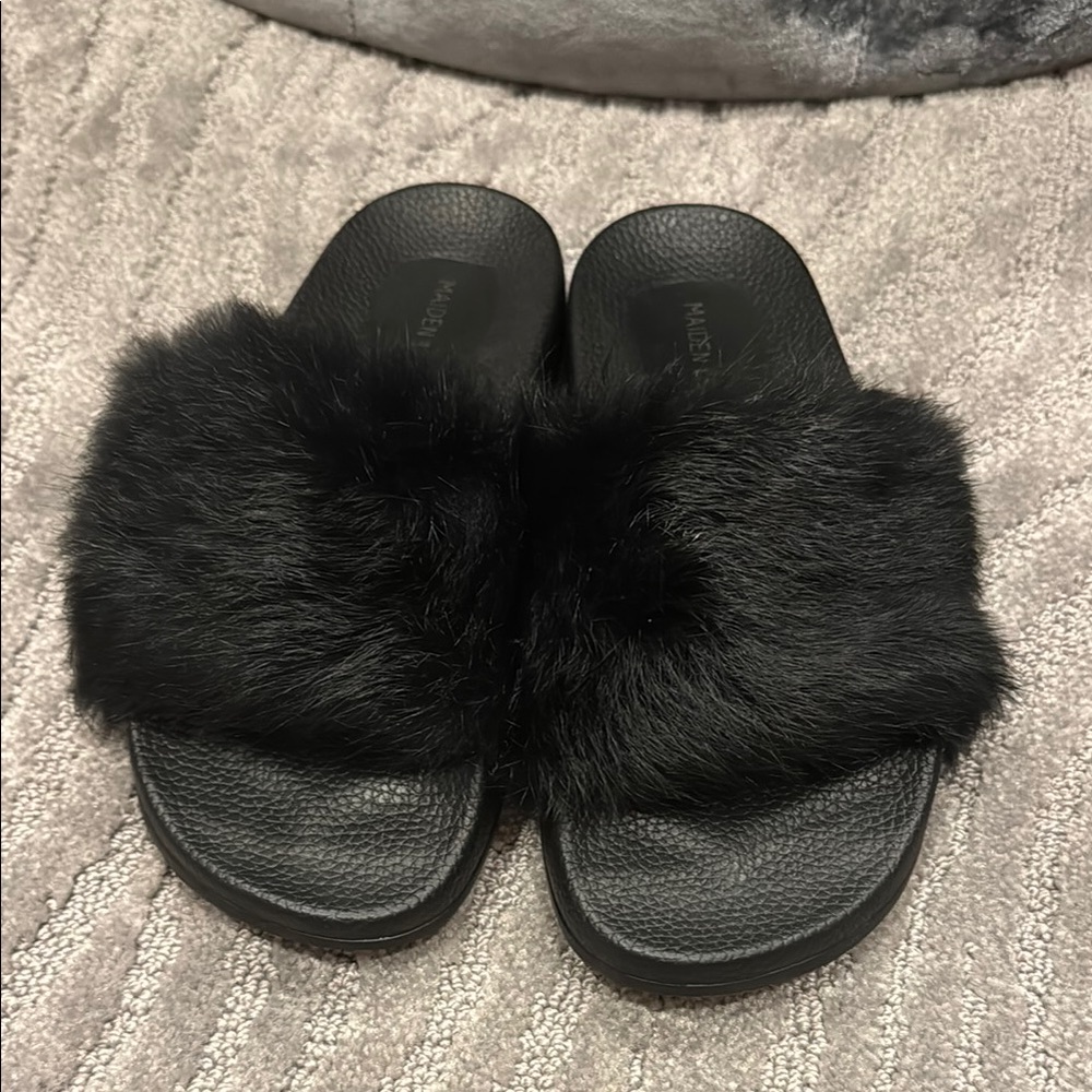 Fuzzy Black Slide Sandals